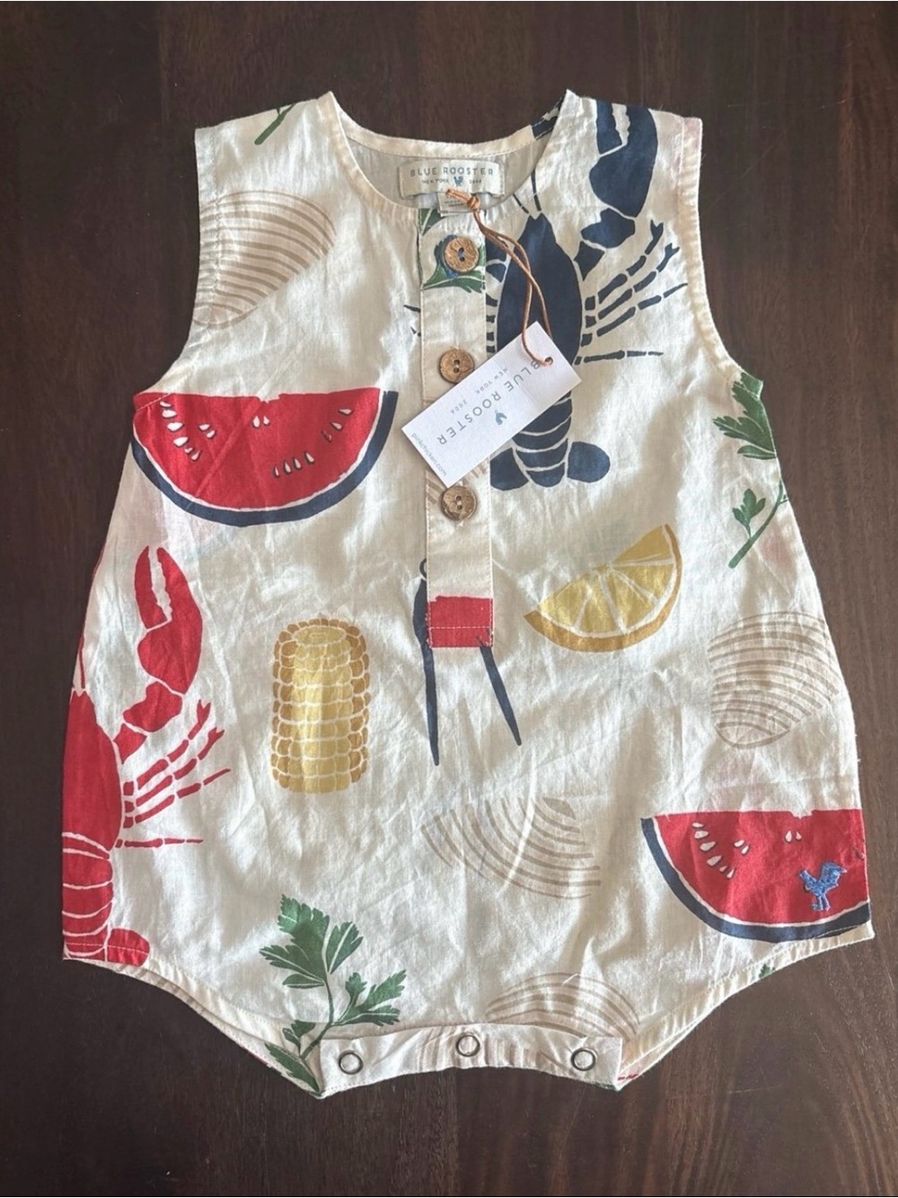 Pink Chicken Cream Romper with Red, Blue & Yellow Summer Print